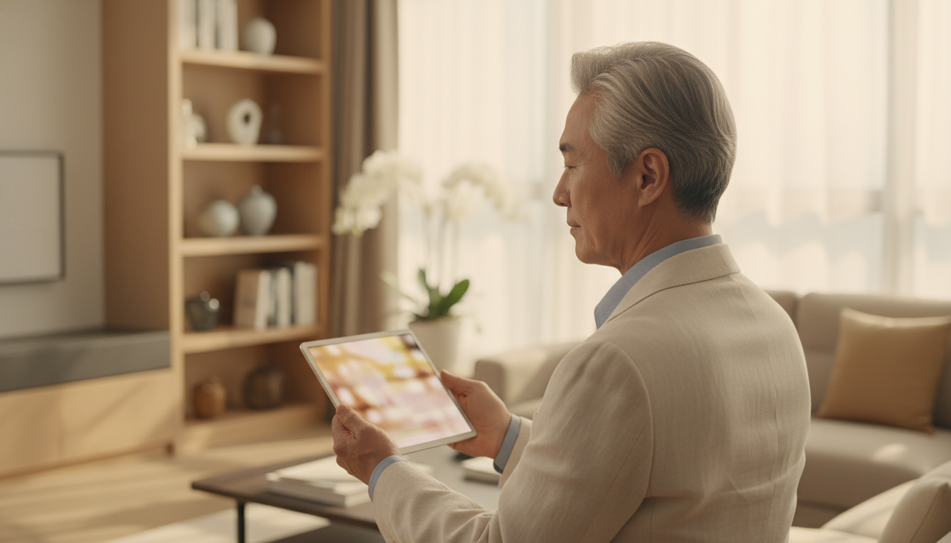 60대 한국인 중년 남성이 진지한 표정으로 태블릿 기기를 바라보고 있는 모습. 어깨 너머로 촬영된 앵글. 화면은 아웃포커싱 처리. 에디토리얼 사진, 시네마틱 부드러운 조명, 얕은 피사계 심도, 따뜻하고 희망찬 분위기.