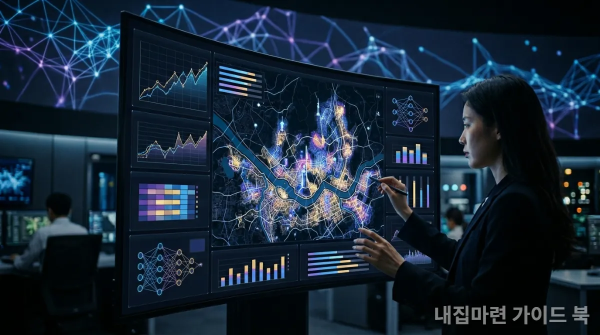 AI 기반 부동산 예측 기술의 현재와 미래를 보여주는 첨단 인터페이스