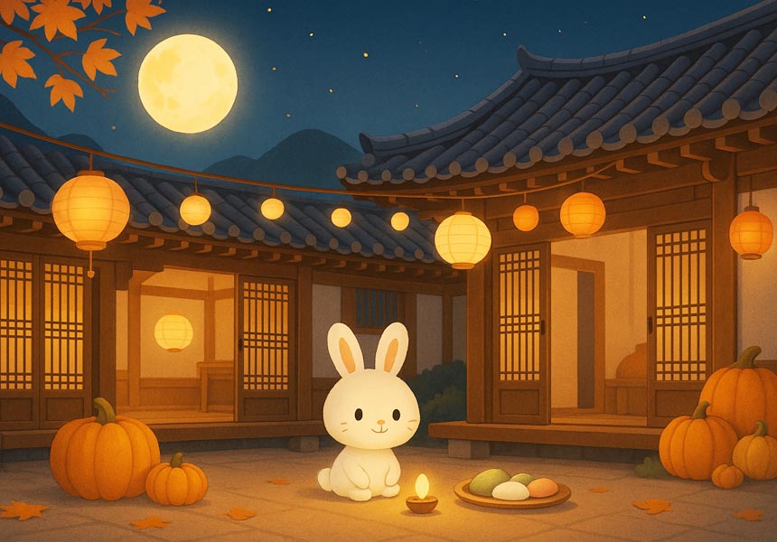 추석 보름달과 토끼 일러스트, 명절 분위기