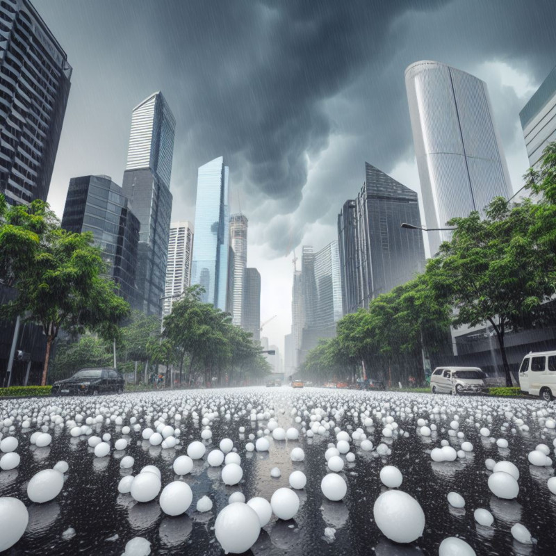 Large hail the size of balls falling from the city sky.