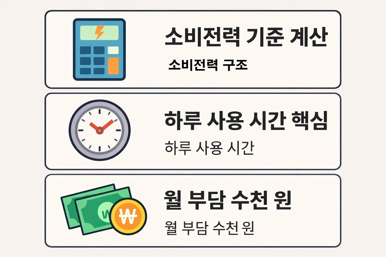 소비전력&middot;하루 사용 시간&middot;월 예상 전기요금 부담을 실제 계산 구조로 설명한 이미지