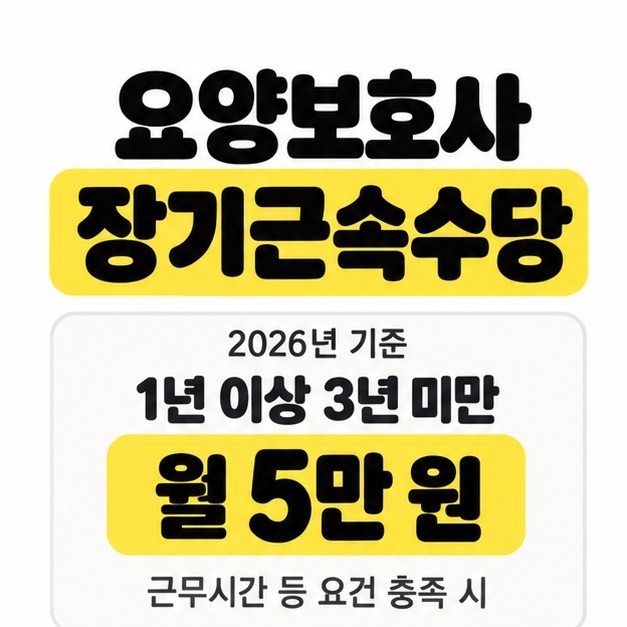 요양보호사 장기근속수당 제목과 함께 2026년 기준 1년 이상 3년 미만 근속자는 근무시간 등 요건 충족 시 월 5만 원이라고 안내한 그림.