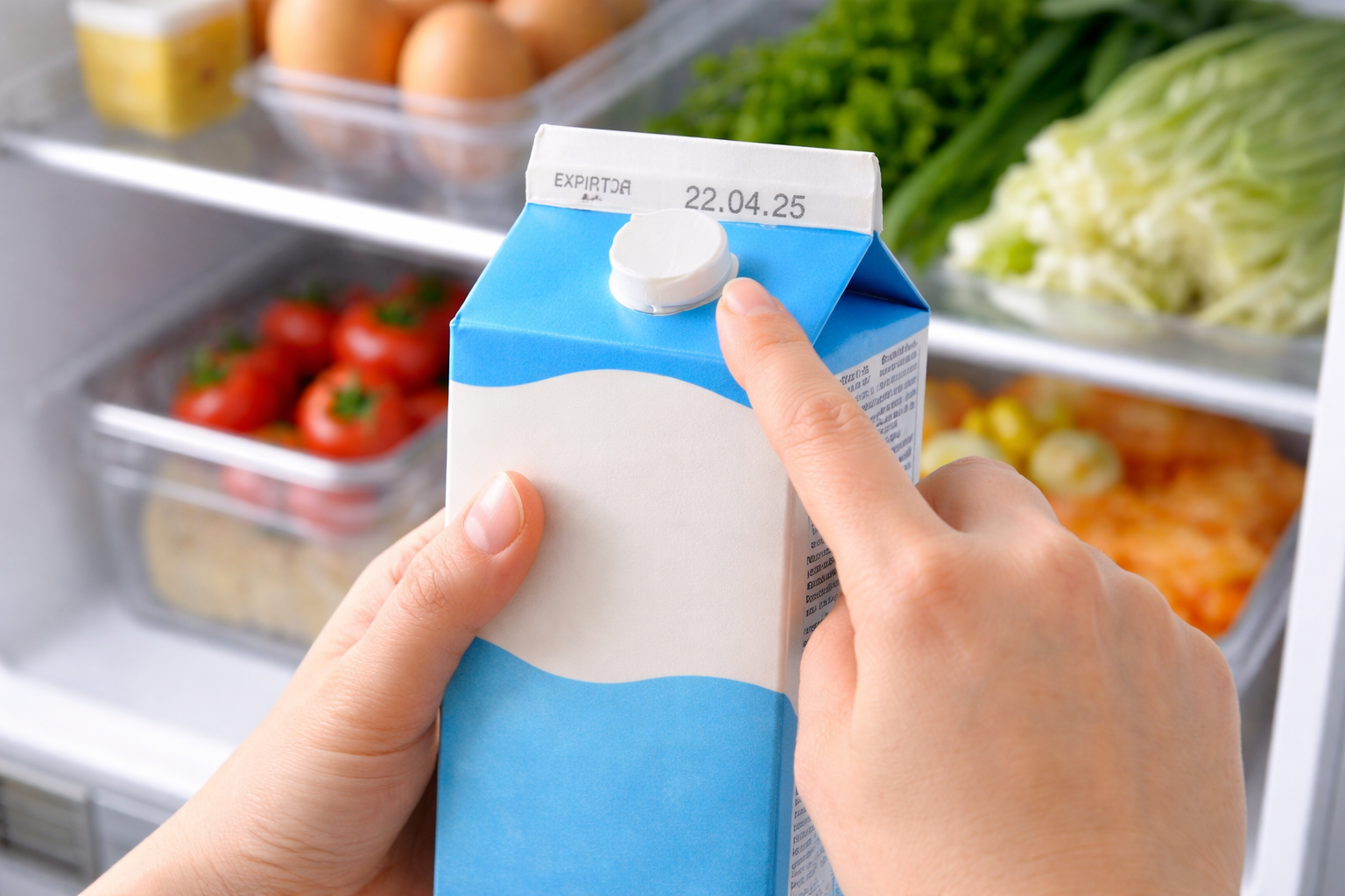 냉장고에서 꺼낸 우유 팩의 날짜와 상태를 확인하는 모습입니다.