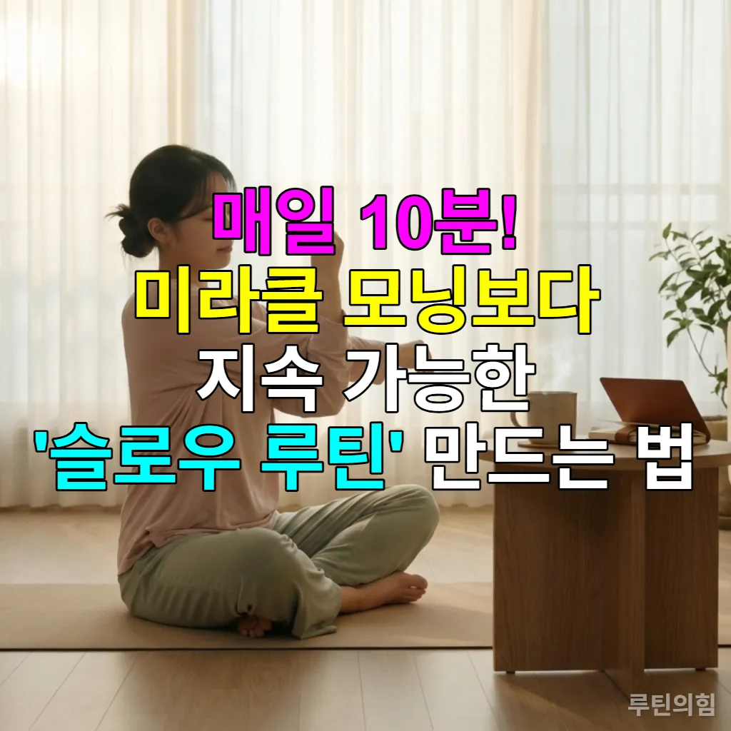 따뜻한 햇살이 비추는 한국 아파트에서 요가 매트 위에서 스트레칭하는 여성의 평화로운 아침 풍경.