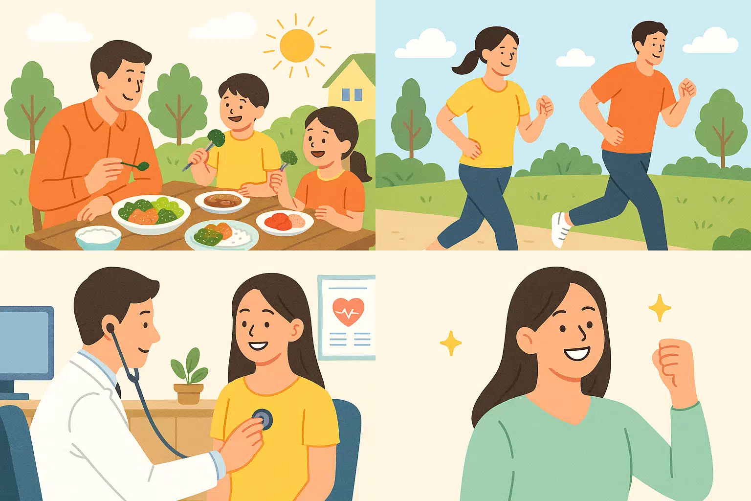 밝은 햇살 아래 가족이 함께 식사하는 모습, 운동하는 사람들, 웃으며 건강검진 받는 장면