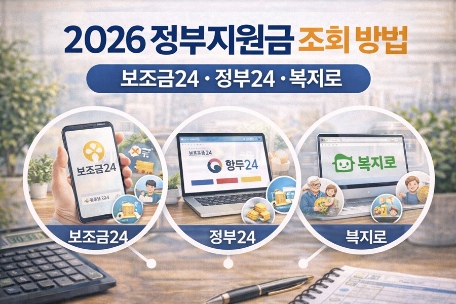 2026년 정부지원금 조회 방법으로 보조금24와 정부24, 복지로 서비스를 이용해 지원금을 확인하는 방법을 설명하는 이미지