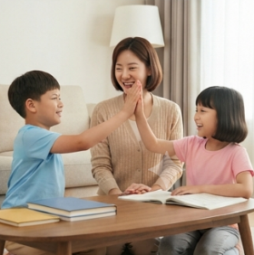 학습을 마치고 웃으며 하이파이브하는 남매