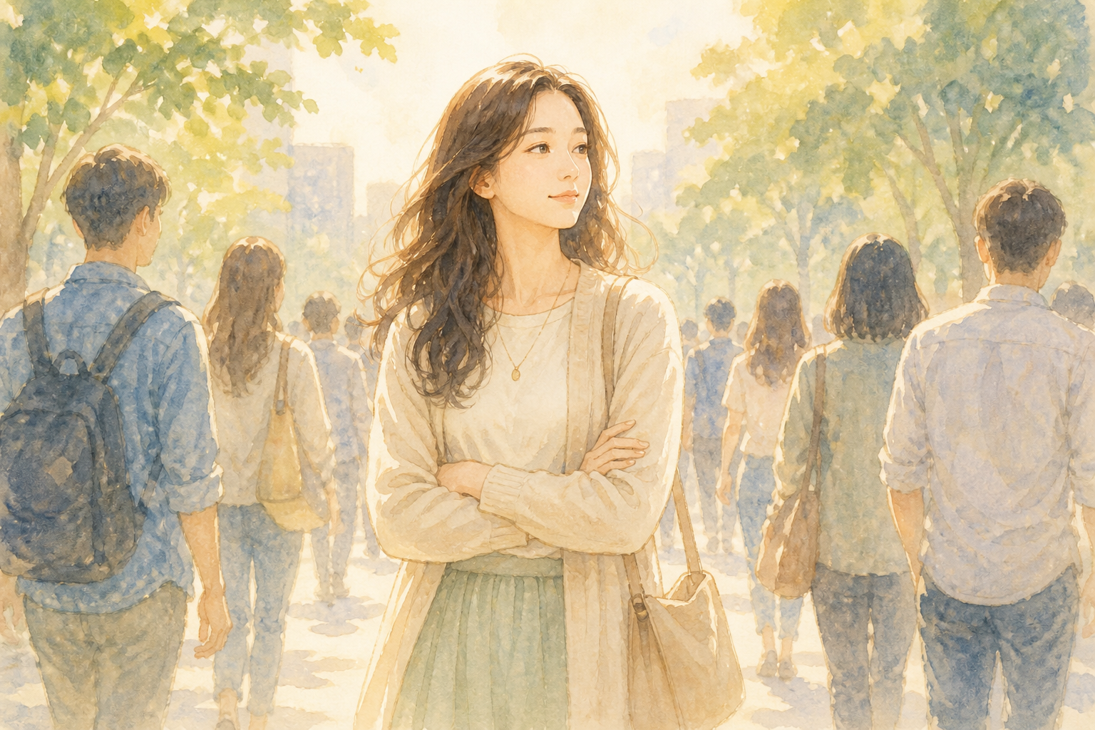 &ldquo;따뜻한 햇살 속에서 차분한 표정으로 서서 주변 사람들 사이에서도 흔들리지 않고 자신의 중심을 지키는 여성의 수채화 일러스트&rdquo;