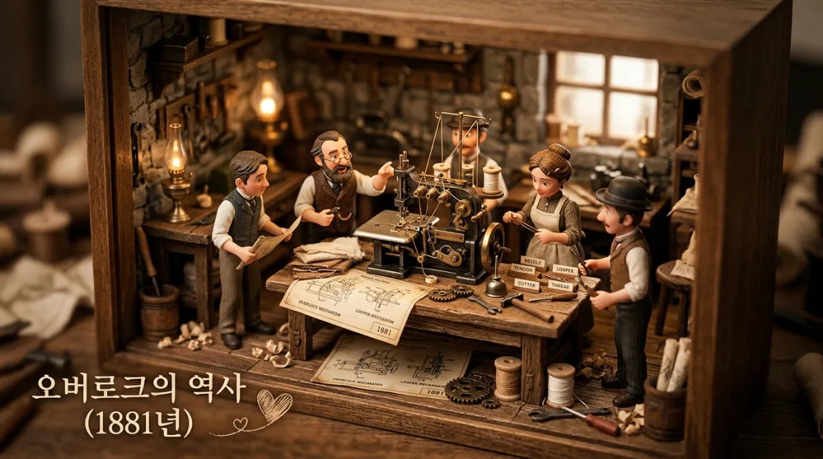 19세기 오버로크 미싱 발명 당시의 빈티지 디오라마 장면