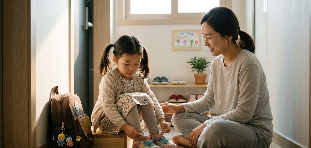 만 3세 아이가 서투르게 운동화를 신으려 애쓰는 모습을, 현관문 옆에서 엄마가 인내심을 갖고 미소 지으며 지켜보는 따뜻한 실사 이미지