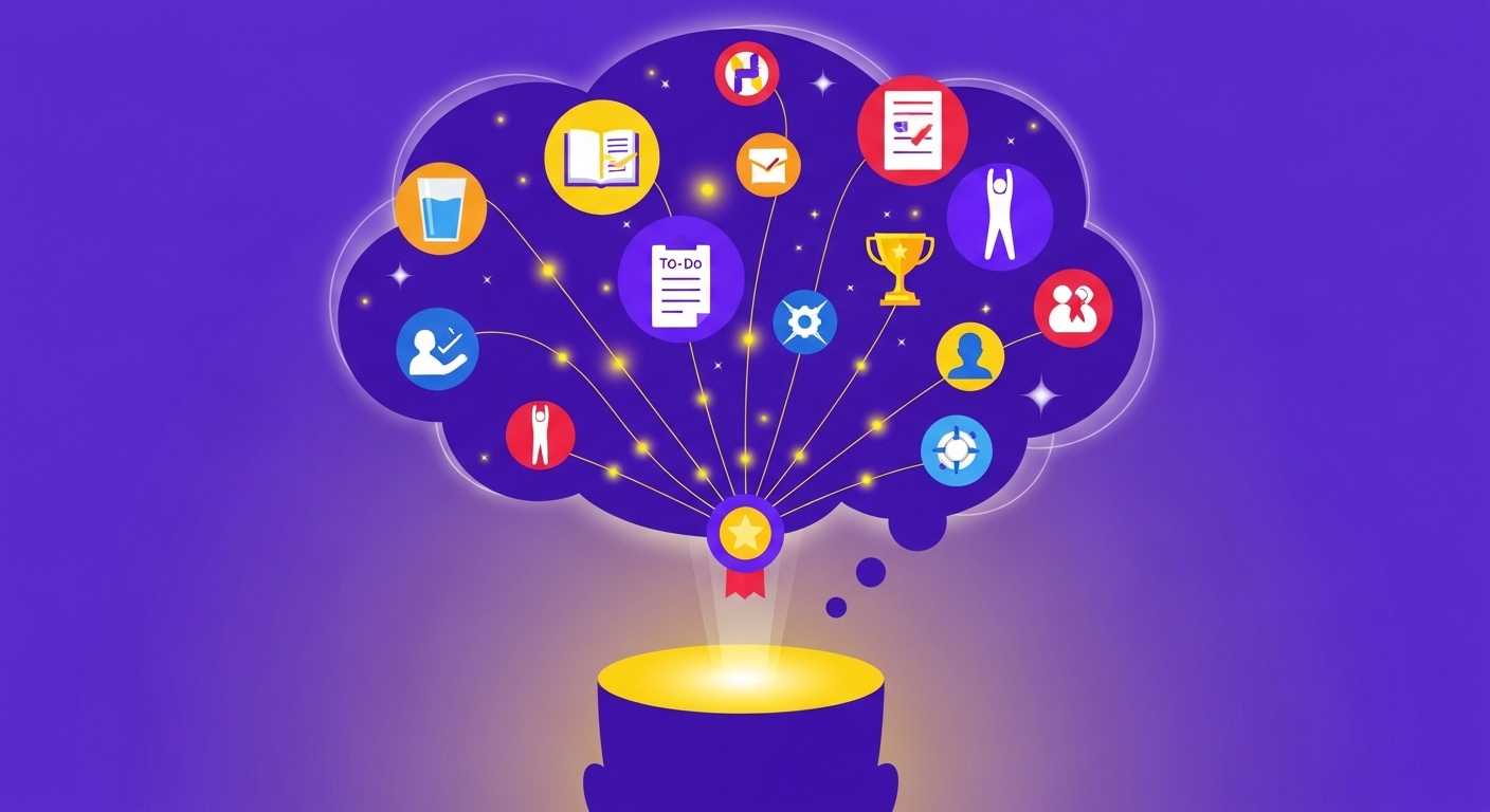 다양한 마이크로 습관 아이콘들이 생각 주머니에 떠다니고, 작은 보상과 연결된 모습. 습관 지속 전략을 시각적으로 표현한 일러스트.