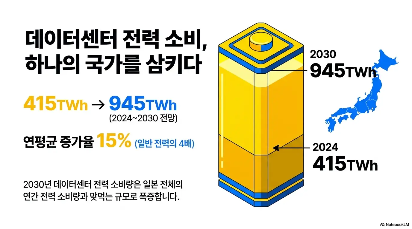AI전력ETF 비교: 데이터센터 전력 소비 하나의 국가를 삼키다라는 문구가 포함된 인포그래픽 이미지. 2024년 415테라와트시에서 2030년 945테라와트시로 데이터센터 전력 소비가 두 배 이상 증가하는 전망을 배터리 일러스트와 일본 지도로 시각적으로 전달하며 블로그의 AI 전력 ETF 투자 배경과 관련된 내용을 설명함