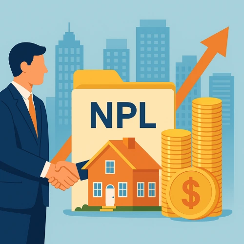 NPL이라고 쓰인 서류와 도심 건물과 주택이 묘사되어 있는 그림