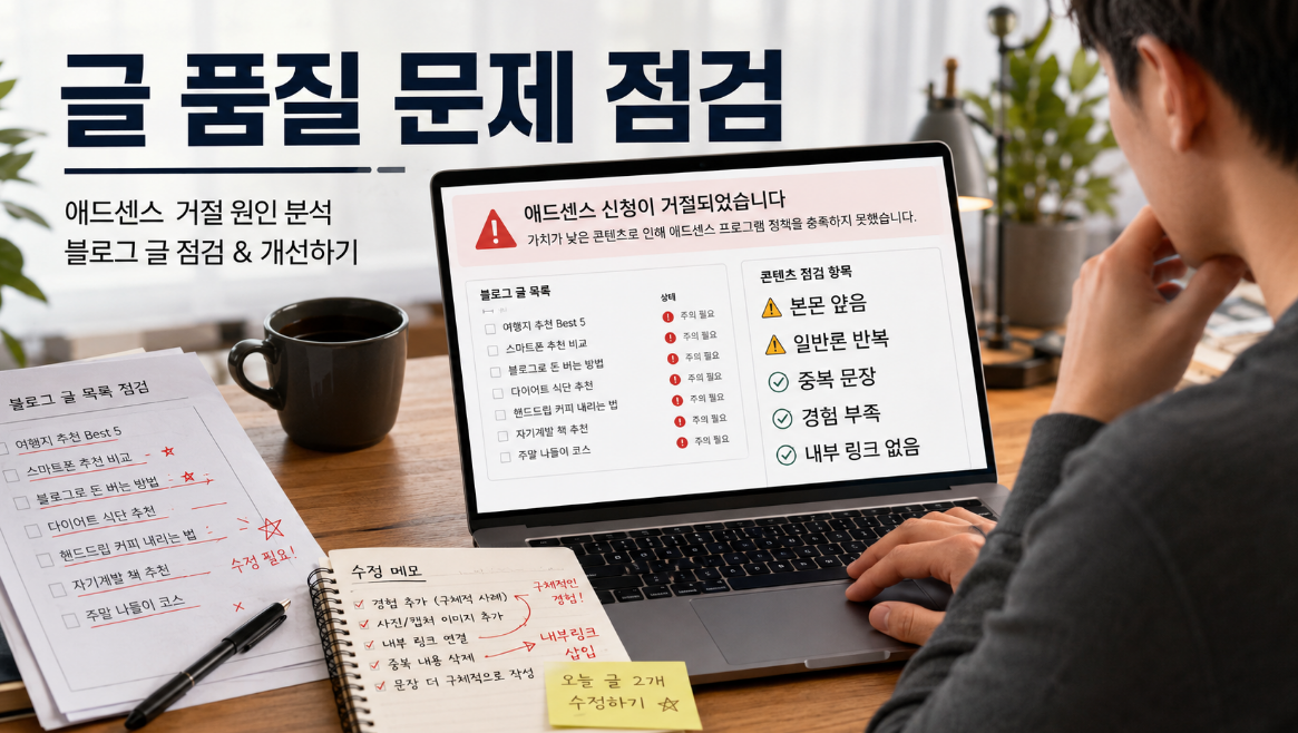 티스토리 블로그에서 일반론 반복과 경험 부족으로 글 품질이 낮아 보이는 문제 상황 이미지