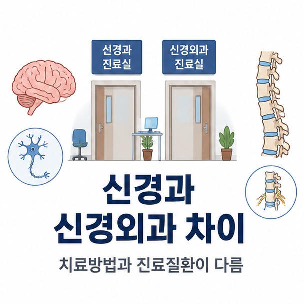 뇌와 척추를 중심으로 신경과와 신경외과 진료실을 비교해 두 진료과의 차이를 설명한 대표 이미지