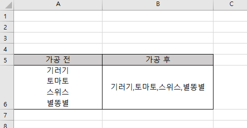 엑셀 줄바꿈 셀 가공 취합 전후 비교