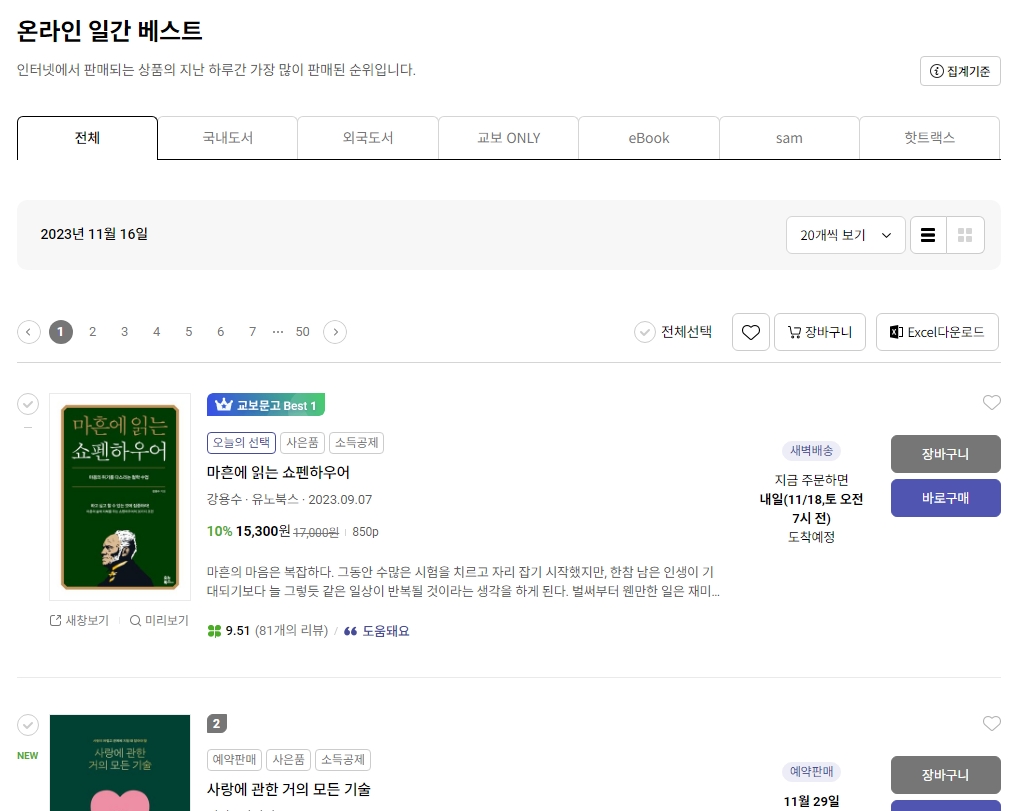 베스트셀러 일간 종합 순위