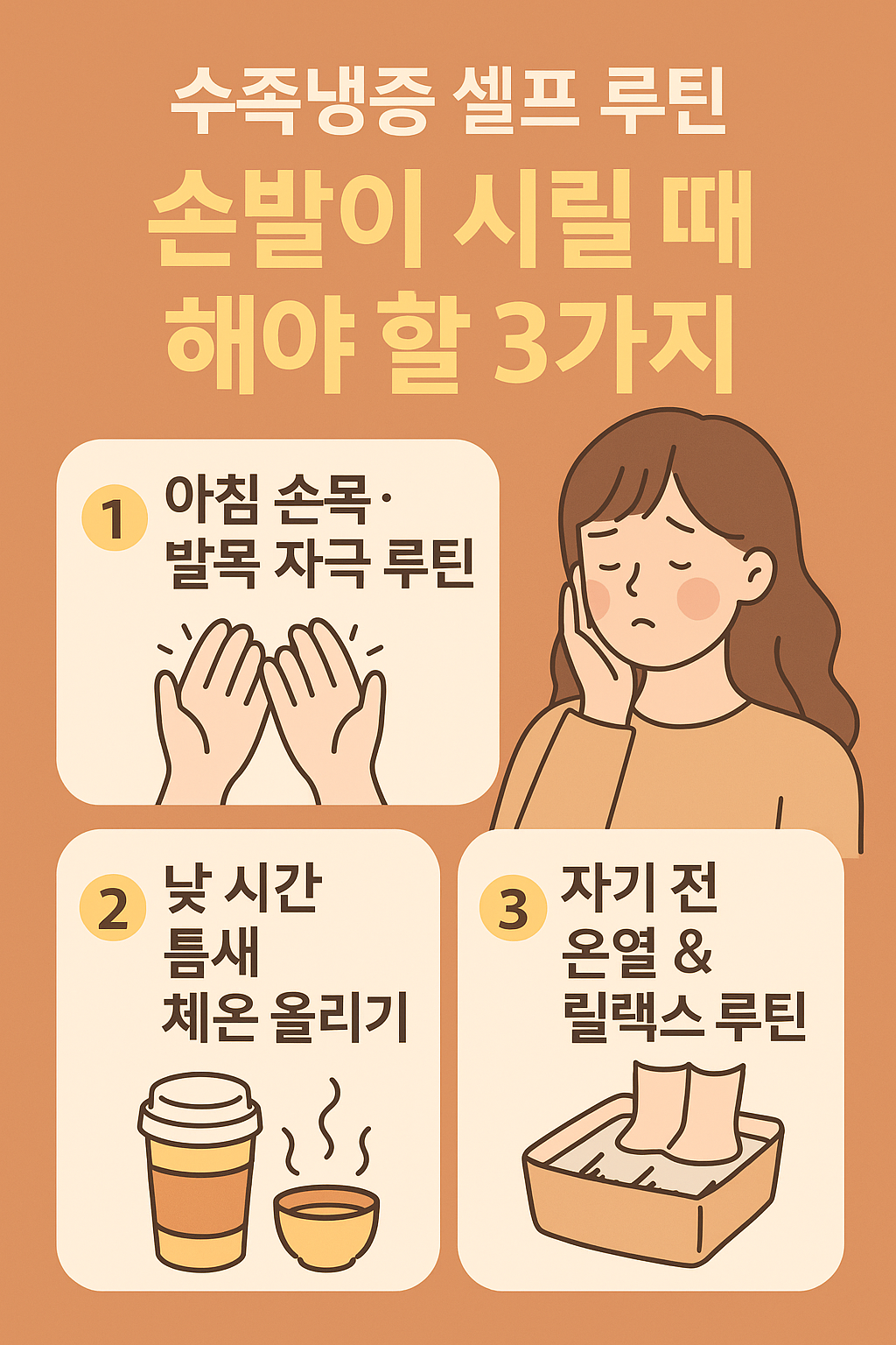 수족냉증을 완화하기 위한 손발 자극 루틴, 족욕, 마사지 방법을 소개하는 건강 인포그래픽 썸네일 이미지