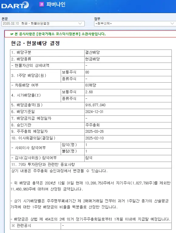 파버나인(177830) 2025년 배당
