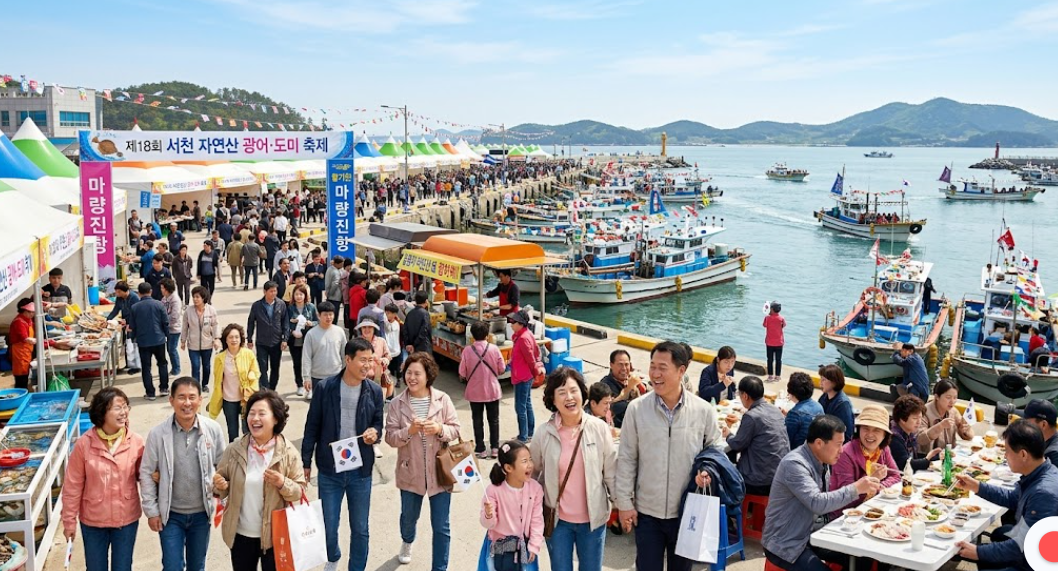 활기찬 서천 마량진항 전경과 축제를 즐기는 사람들의 모습