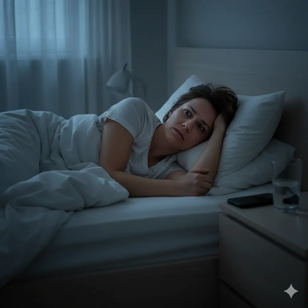 새벽 시간에 갑자기 눈을 뜨고 침대에서 깨어 있는 사람의 모습으로&amp;#44; 깊은 잠을 유지하지 못하고 각성한 상황을 표현한 이미지