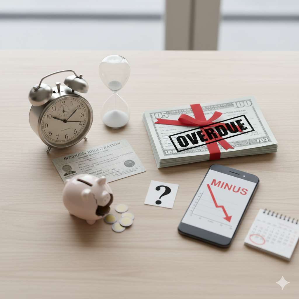 책상 위에 놓인 사업자 등록증, 알람 시계, 모래시계, 그리고 'OVERDUE' 도장이 찍힌 돈다발과 마이너스 그래프가 그려진 스마트폰 화면.