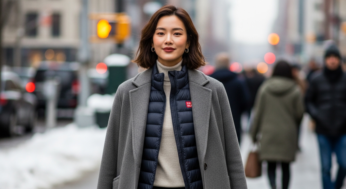 코트 안에 이너 패딩(경량 패딩)을 레이어드하여 착용한 여성