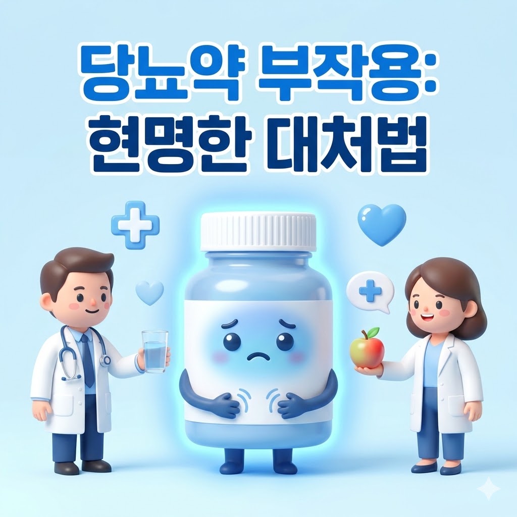 당뇨약 부작용을 걱정하는 귀여운 캐릭터와 의료진이 상담 및 관리 방법을 제시하는 3D 카툰 일러스트. '당뇨약 부작용: 현명한 대처법' 한글 텍스트가 삽입되어 있습니다.