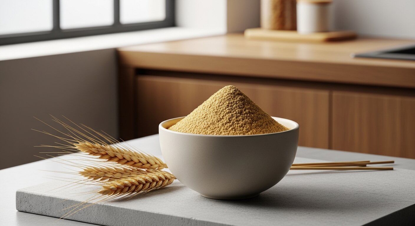 맥주효모 가루와 보리 곡물 이미지, 단백질과 비타민이 풍부한 맥주효모 원료