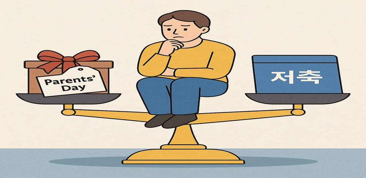 어버이날 선물과 저축 사이에서 고민하는 남성의 일러스트