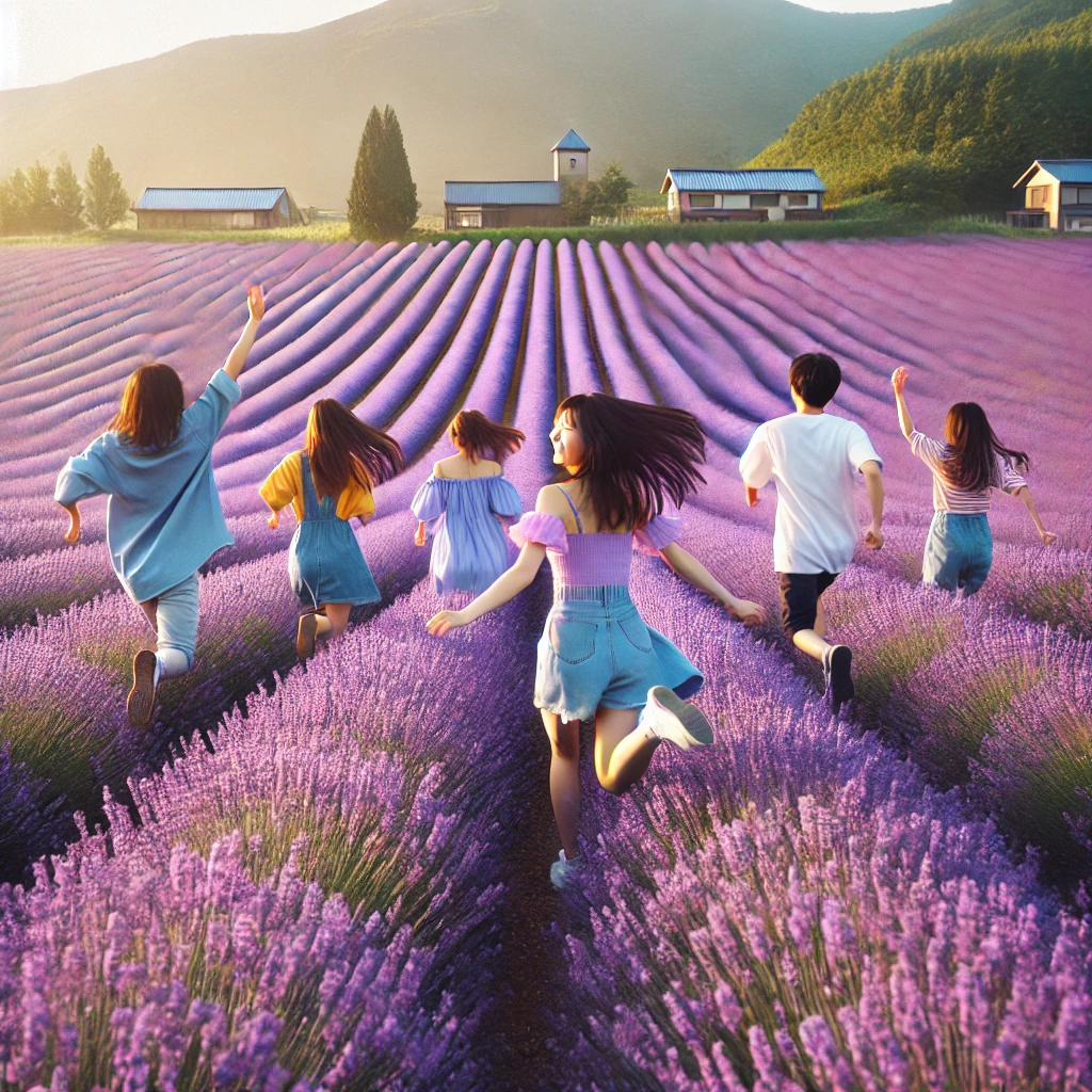 일본 후라노 밭에서 뛰어노는 사진