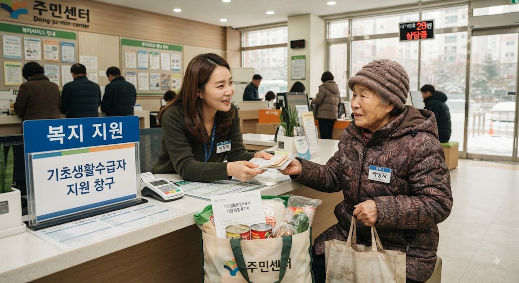 기초생활수급자가 음식물 지원을 받는 모습