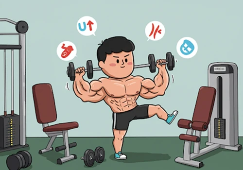 헬스 기구로 근력 운동을 하며 근육을 키우는 한국인 캐릭터의 카툰 일러스트. 기초대사량 증가를 상징하는 아이콘이 있습니다.