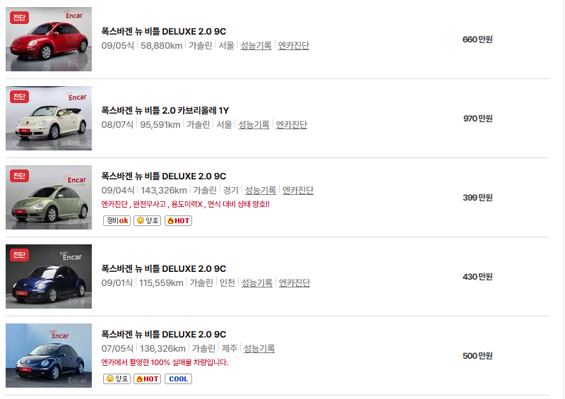 폭스바겐 비틀 중고차 가격 시세표 연비