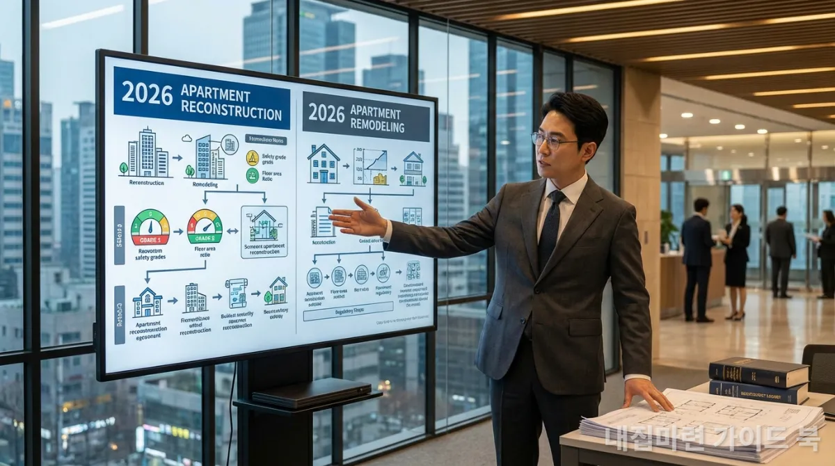 2026년 재건축 및 리모델링 규제와 안전진단 기준을 비교하는 법률 문서와 전문가