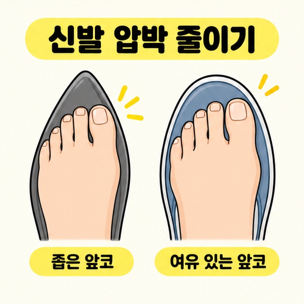 신발 압박 줄이기라는 제목 아래 같은 왼발이 들어간 좁은 앞코와 여유 있는 앞코의 신발을 나란히 비교한 그림