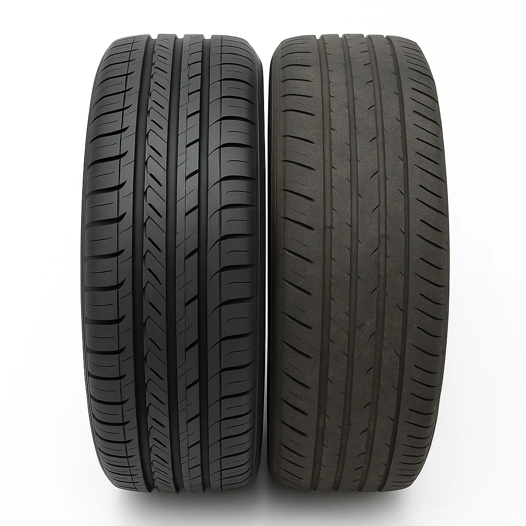 새 타이어와 마모된 타이어를 나란히 비교한 이미지