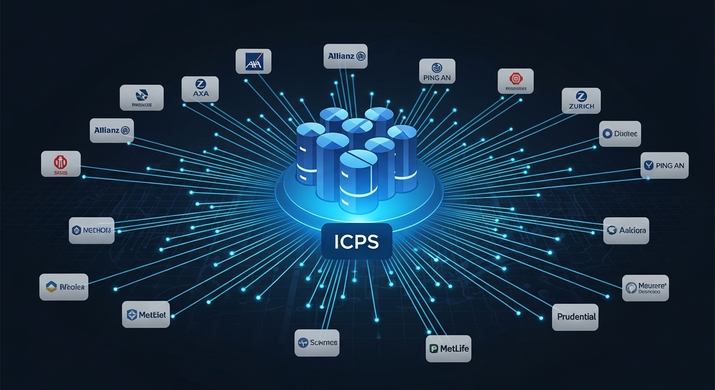 보험 신용정보 통합조회 시스템(ICPS)의 개념을 시각화한 그래픽, 모든 보험사가 데이터를 공유하는 모습