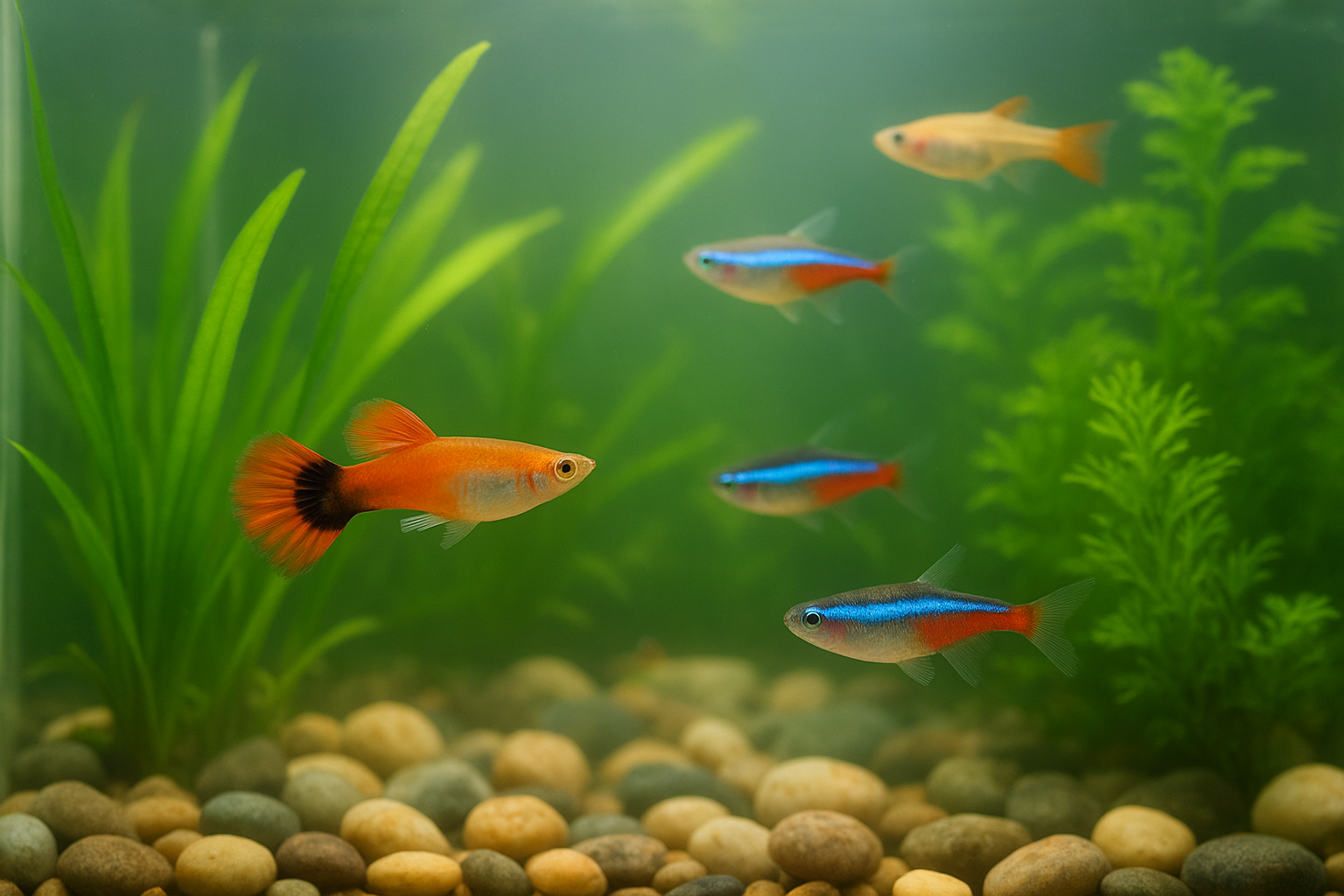 맑은 수조 속에서 구피와 네온테트라 같은 열대어가 수초 사이를 헤엄치는 모습
