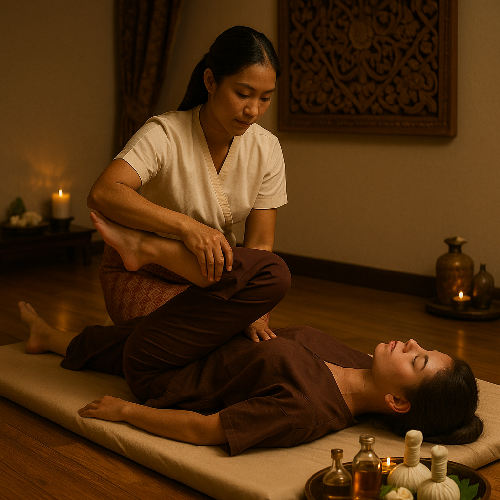 따뜻한 조명 아래 전통 태국 마사지사가 매트 위에서 고객의 다리를 부드럽게 들어 올리며 깊은 지압을 하는 모습