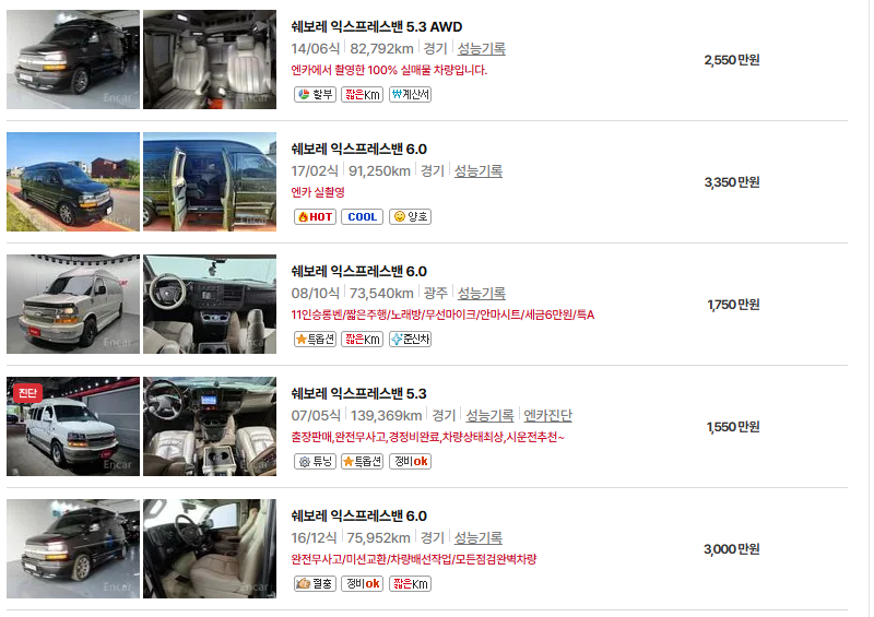 쉐보레 익스프레스밴 중고차 가격 시세표 연비