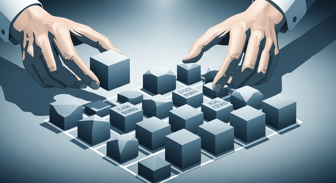 다양한 금융 자산을 분류하고 배열하며 분산 투자를 상징하는 추상적인 포트폴리오 구축 이미지