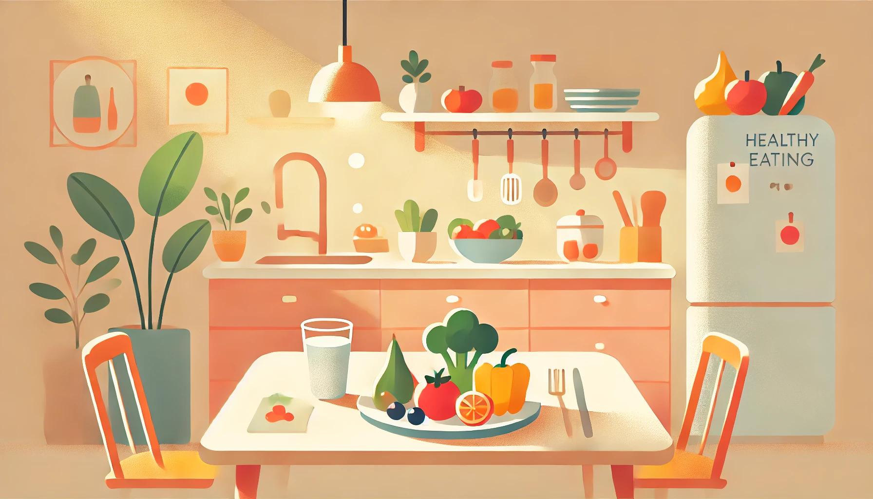 따뜻한 조명 아래, 채소와 과일, 물 한 잔이 놓인 아늑한 식탁을 미니멀하고 부드럽게 표현한 일러스트