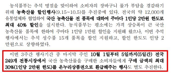 농축산물 할인지원 온누리 상품권 환급