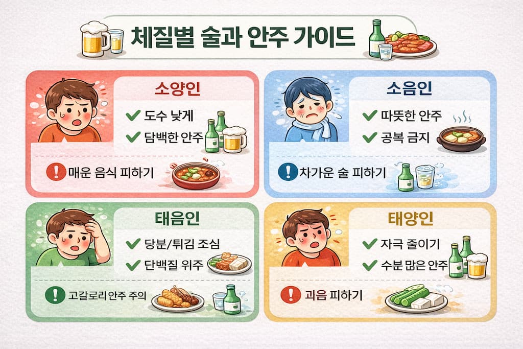 사상체질별 추천 술 방향과 안주 선택 요약 카드