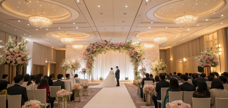 현대식 결혼식장에서 결혼식이 이루어 지고 있다