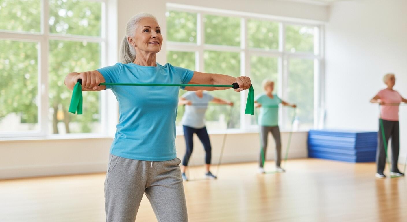 시니어가 밴드를 이용해 가볍게 근력 운동하는 모습