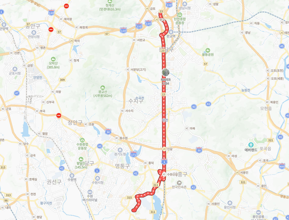 성남-수원-용인-P9242(퇴근)번-버스-노선-지도