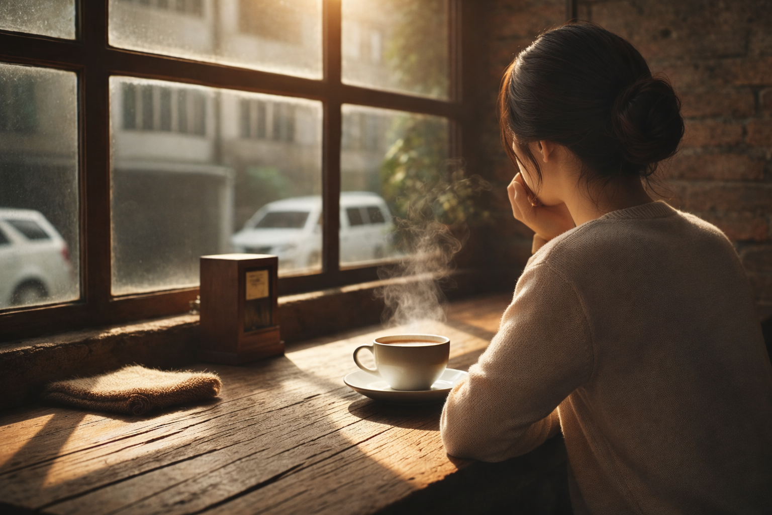 창가에 앉아 커피를 앞에 두고 생각에 잠긴 긴 머리 여성이 따뜻한 햇살 속에서 바깥을 바라보고 있는 장면
