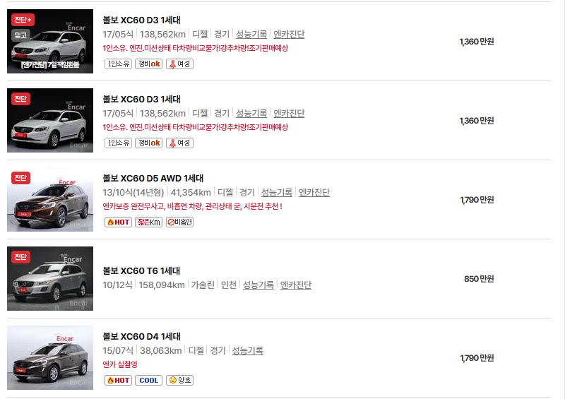 볼보 XC60 중고차 가격 시세표 연비